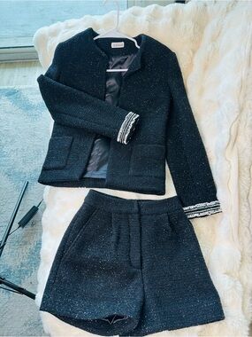 Black Tweed Jacket & Shorts Set with Beaded Cuffs size XXS European Brand